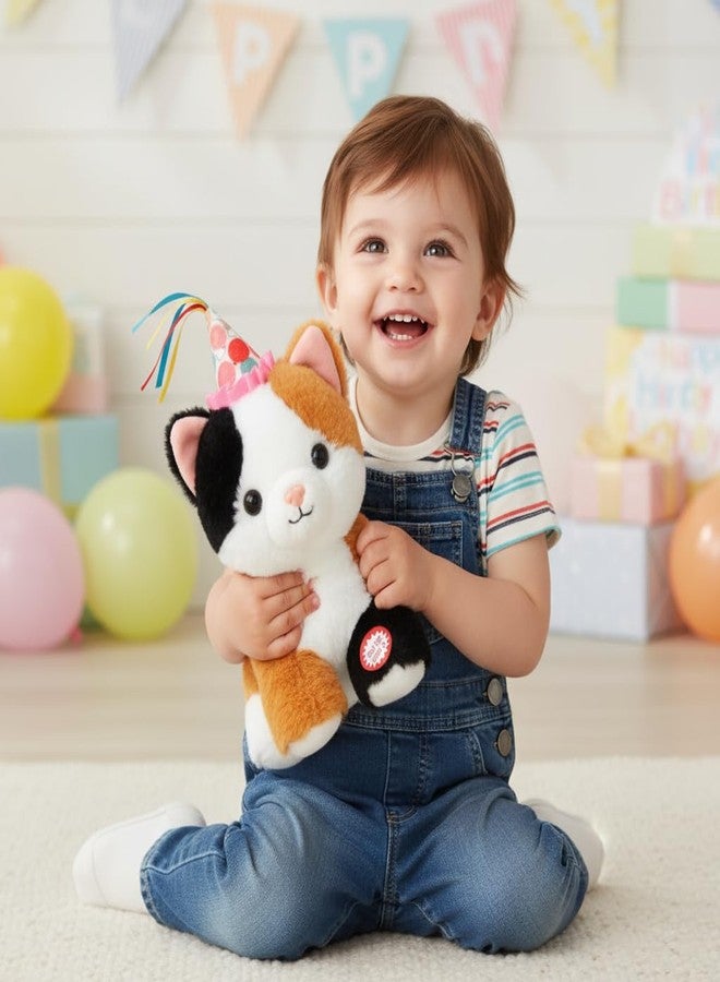 Linzy 8.5” Light Up Calico Cat Stuffed Animal with Party Hat, Soft Musical Plush Toy with Magic LED Night Lights, Glowing Cute Cat Plushie, Birthday Christmas for Toddlers Kids & Adults - Image 3