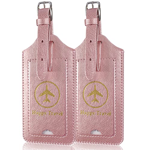 ACdream Luggage Tags 2 Pack, Leather Suitcase Tags Identifiers, Cute Cruise ID Labels with Privacy Cover fits on Backpack, Travel Bag, for Women, Men, Adults, Kids, Rose Gold - Image 1