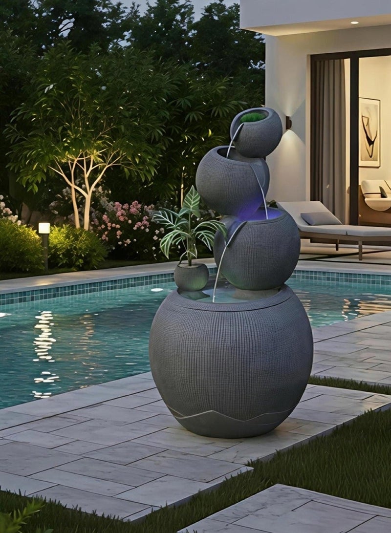 (Fiber) - Grey Stone Decorative Fountain with LED Light and Artificial Plants - Image 2