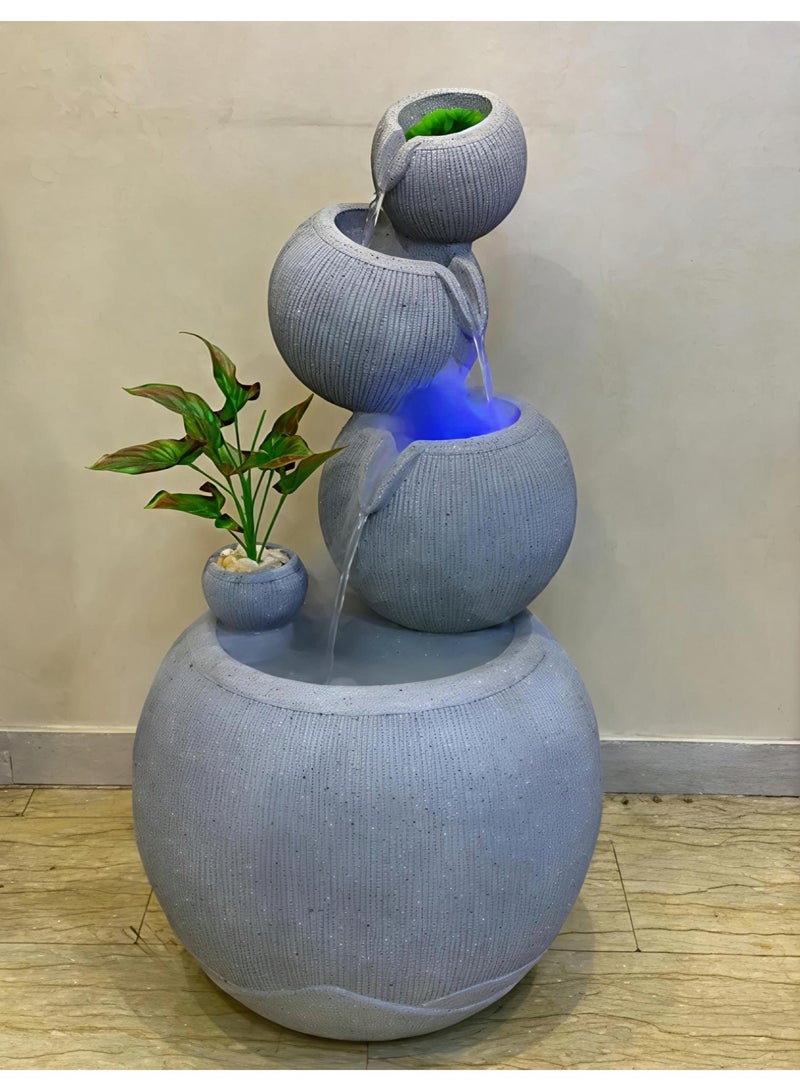 (Fiber) - Grey Stone Decorative Fountain with LED Light and Artificial Plants - Image 1