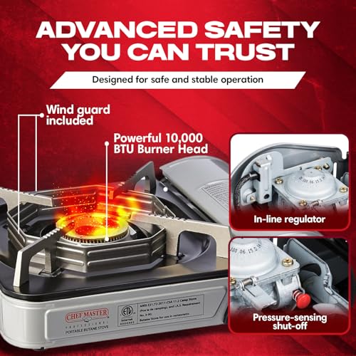 Chef-Master Chef Master 90011 Butane Countertop Stove ONLY, Portable Camping Stove 10,000 BTU Output Brass Burner, Piezo Ignition Portable Stove with High-Impact Carry Case for Emergency Use & Outdoor Cooking - Image 3