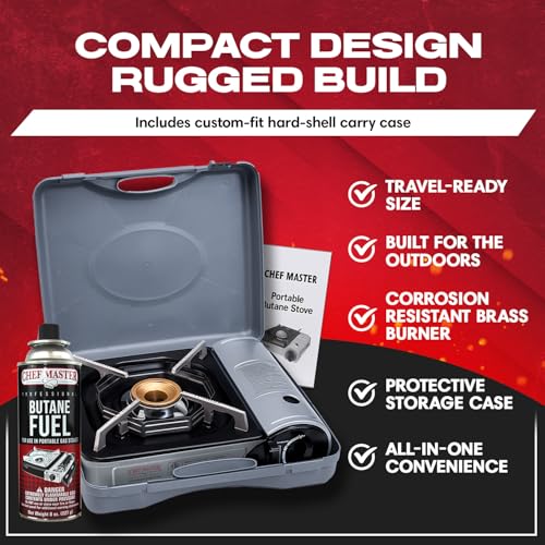 Chef-Master Chef Master 90011 Butane Countertop Stove ONLY, Portable Camping Stove 10,000 BTU Output Brass Burner, Piezo Ignition Portable Stove with High-Impact Carry Case for Emergency Use & Outdoor Cooking - Image 4