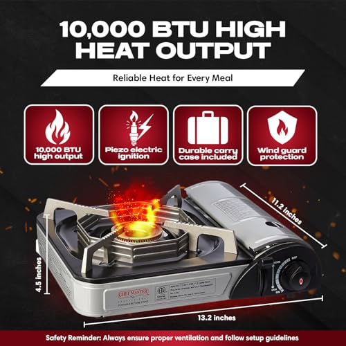 Chef-Master Chef Master 90011 Butane Countertop Stove ONLY, Portable Camping Stove 10,000 BTU Output Brass Burner, Piezo Ignition Portable Stove with High-Impact Carry Case for Emergency Use & Outdoor Cooking - Image 2