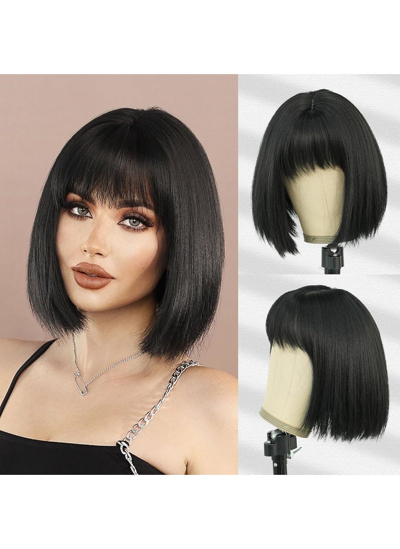 7JHH WIGS - 7JHH WIGS Yaki Short Straight Wig with Bangs 12in Short Natural Black Bob Wig Synthetic Natural Hair Heat Resistant 150% Density Staight Layered Wig for Women Daily Used - Image 1