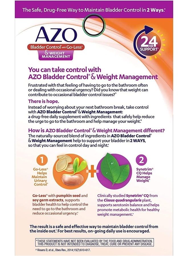AZO Bladder Control with Go-Less® & Weight Management Dietary Supplement | Helps Reduce Occasional Urgency* | Promotes Healthy Metabolism* | Supports a Good Night's Sleep* | 48 Capsules - Image 4