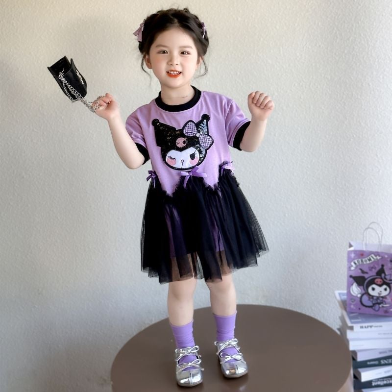 Girls Korean Style Cartoon Casual T-Shirt Dress Childrens Summer New Style Mesh Casual Kulomi Mesh dress Purple short sleeve dress 