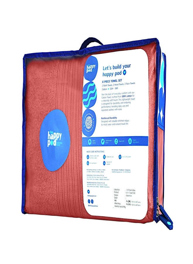 THE HAPPY POD Essential 100% Cotton Towel Set - Pack of 6 (2 Bath Towels + 2 Hand Towels + 2 Face Towels), Soft & Absorbent, Quick Dry, Lightweight Towels for Bathroom, Gym & Travel|Coral - Image 3