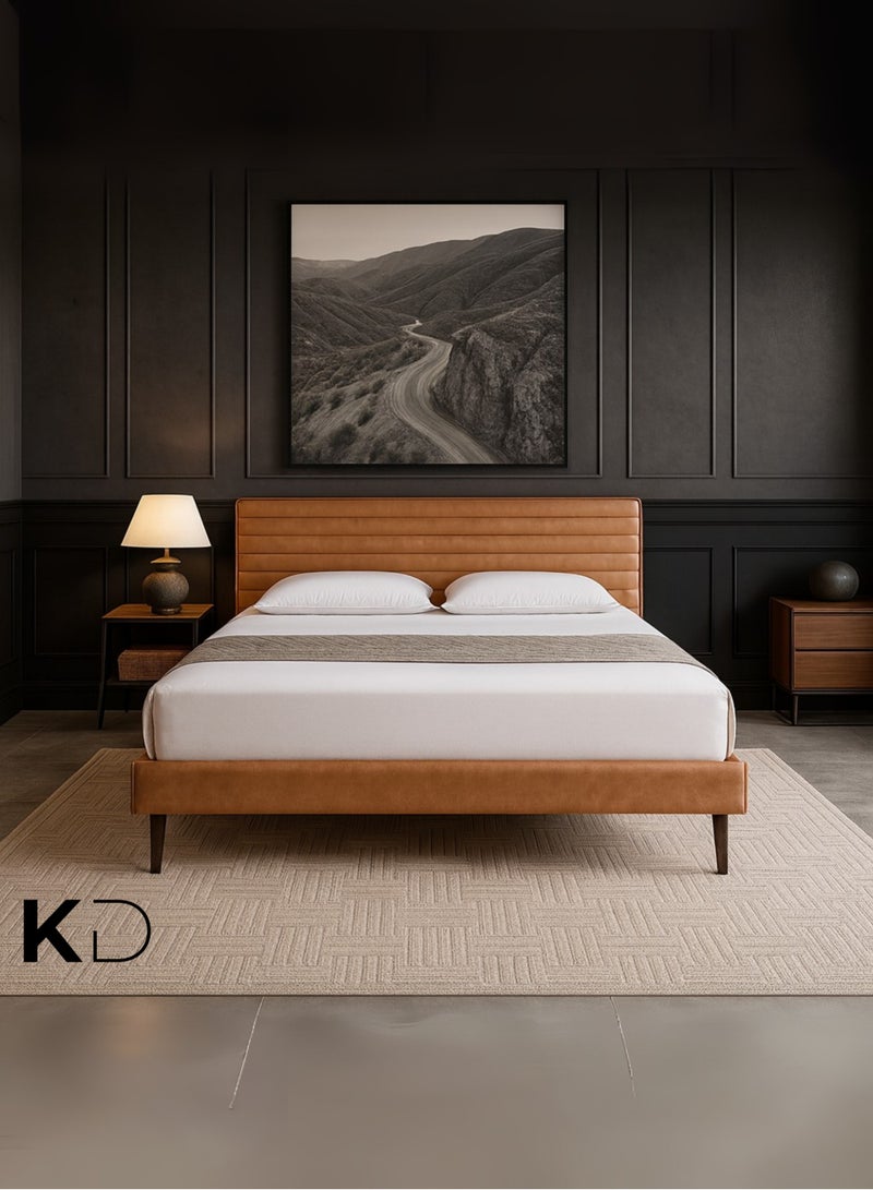 KustomDeco Amber Bed Modern Leather Upholstered Bed with Horizontal Channel-Tufted Headboard & Wooden Legs Customizable Design Bed Queen Size 150x200cm – Tan Brown - Image 1