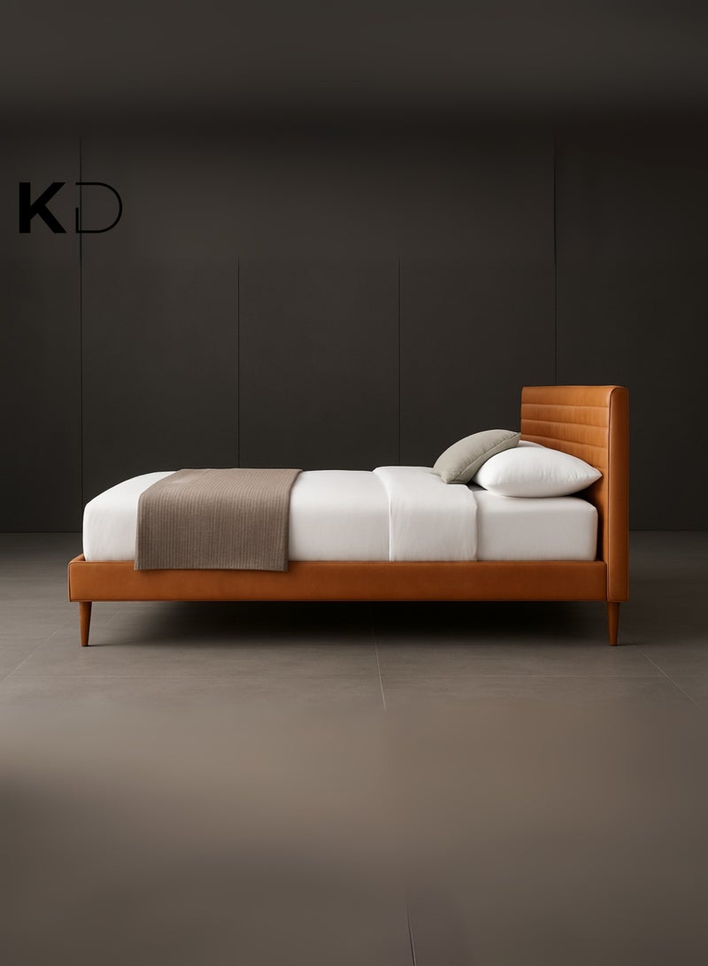 KustomDeco Amber Bed Modern Leather Upholstered Bed with Horizontal Channel-Tufted Headboard & Wooden Legs Customizable Design Bed Queen Size 150x200cm – Tan Brown - Image 4