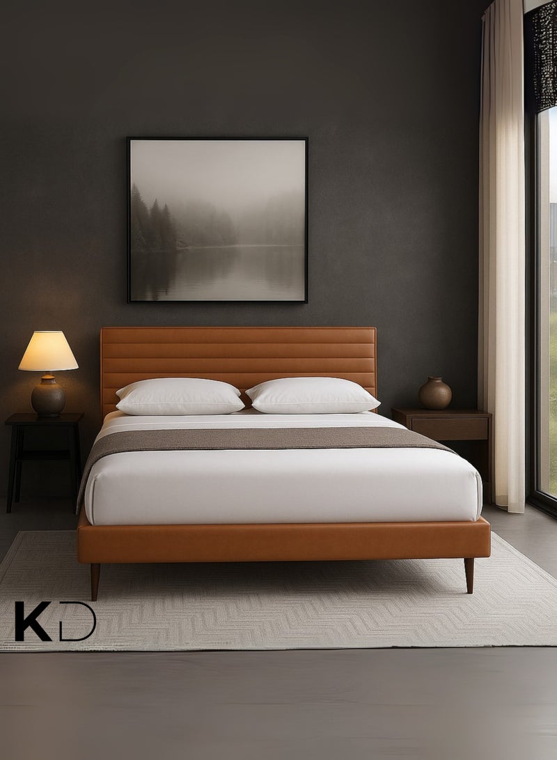 KustomDeco Amber Bed Modern Leather Upholstered Bed with Horizontal Channel-Tufted Headboard & Wooden Legs Customizable Design Bed Queen Size 150x200cm – Tan Brown - Image 2