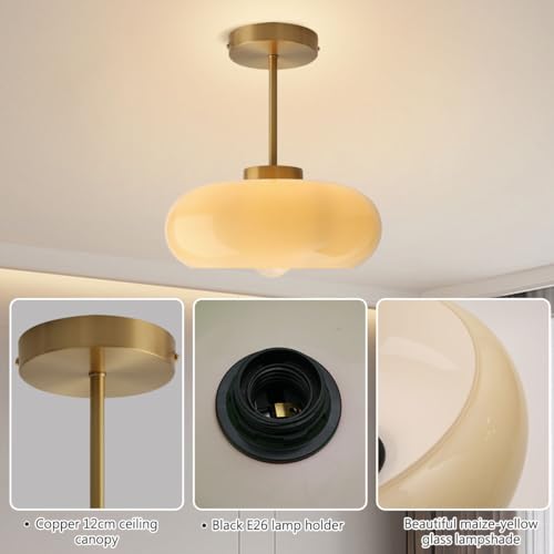 Qufute mid Century Ceiling Light Milk Glass Ceiling Light fixtures Glassshade Gold Modern Semi Flush Mount Ceiling Light, Globe Glass Ceiling Lamp Hallway Dining Room Kitchen - Image 3