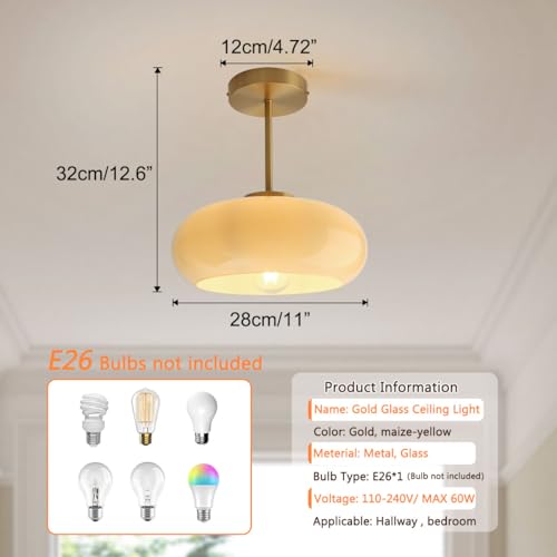 Qufute mid Century Ceiling Light Milk Glass Ceiling Light fixtures Glassshade Gold Modern Semi Flush Mount Ceiling Light, Globe Glass Ceiling Lamp Hallway Dining Room Kitchen - Image 2