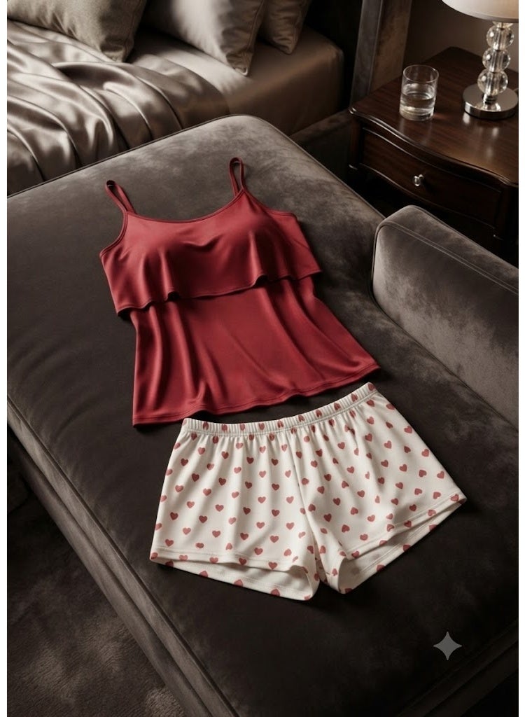 Women's Two-Piece Pyjama Set with Dark Red Cami Top and Heart Print Shorts - Image 4