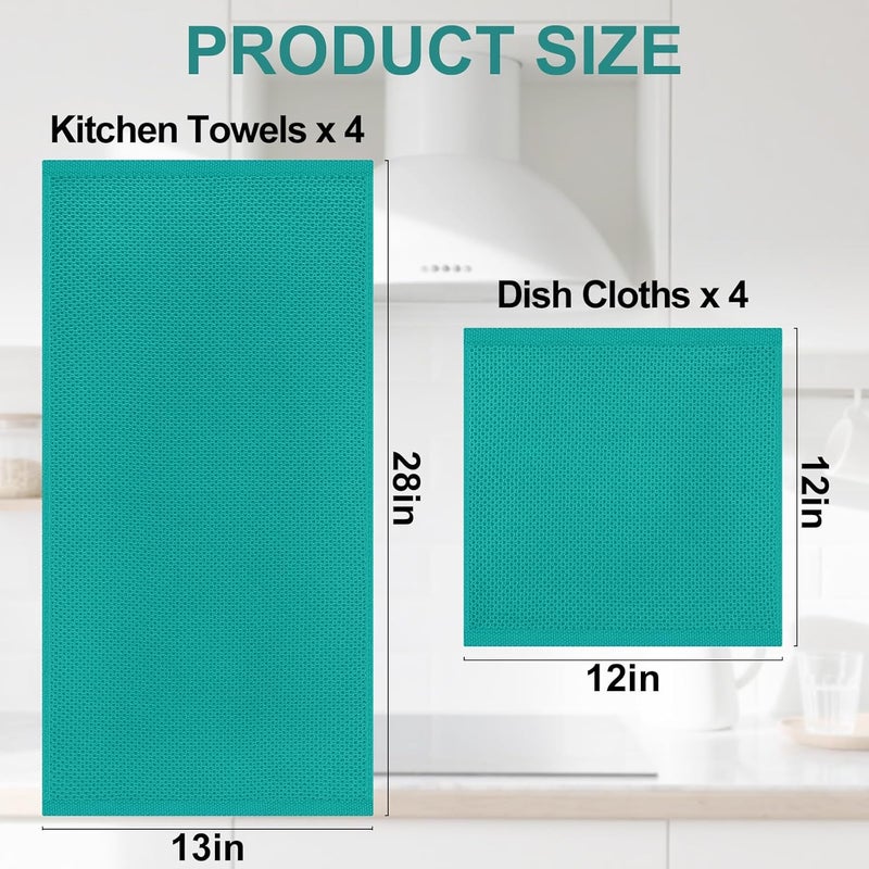 Homaxy 100% Cotton Kitchen Towels and Dishcloths Set, 12 x 12 Inches and 13 x 28 Inches, Set of 8 Bulk Kitchen Towels Set, Ultra Soft Absorbent Dish Cloths for Washing Dishes, Teal - Image 4