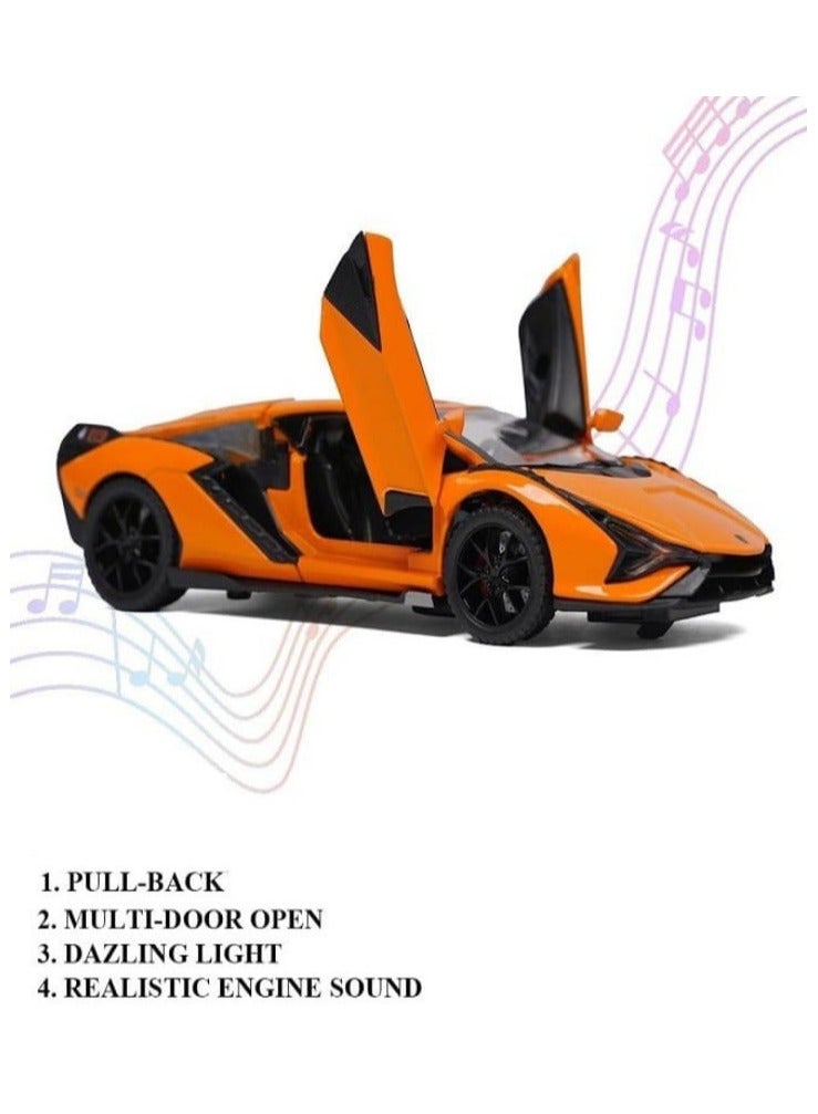 1:32 متوافق مع لعبة سيارة نموذج لامبورغيني سيان، سيارة لعبة سحب للخلف من سبائك الزنك مع صوت وضوء للأطفال والكبار (برتقالي) - Image 3