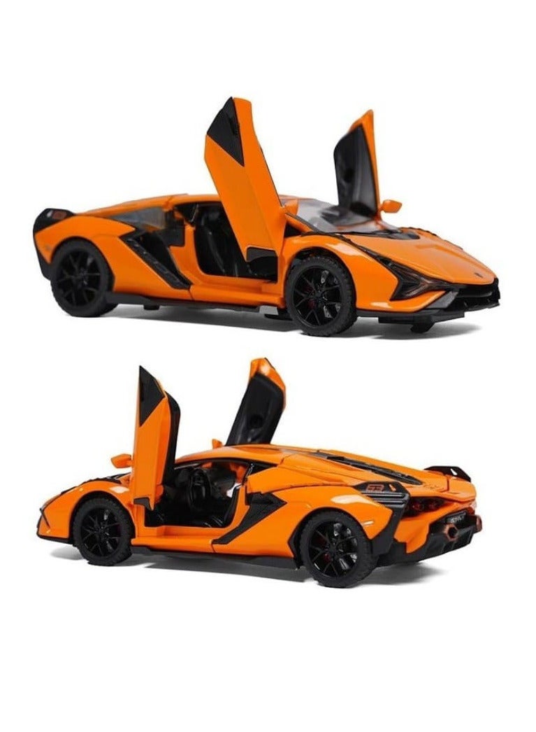 1:32 متوافق مع لعبة سيارة نموذج لامبورغيني سيان، سيارة لعبة سحب للخلف من سبائك الزنك مع صوت وضوء للأطفال والكبار (برتقالي) - Image 4
