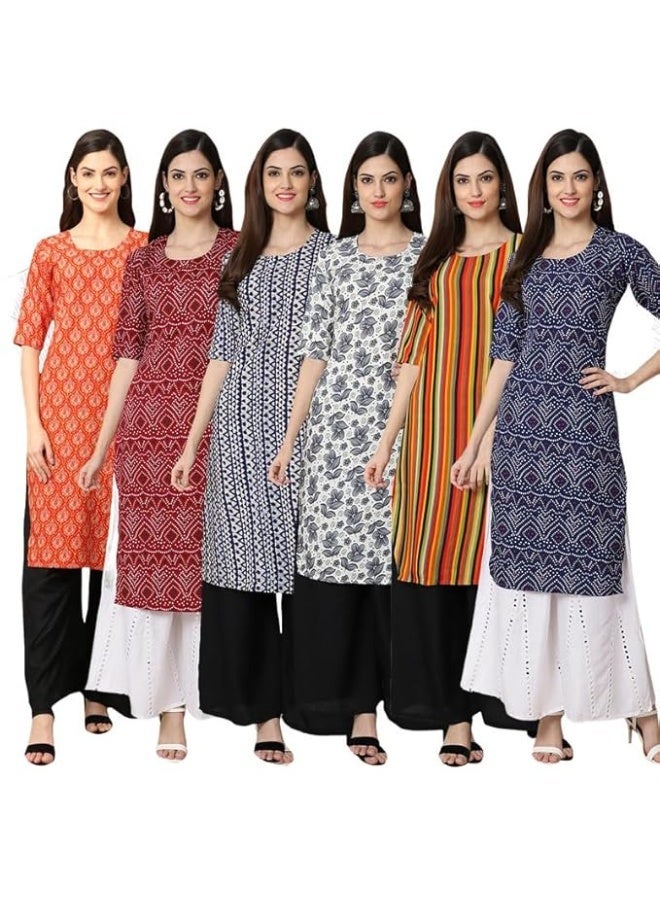 Pinkmint store Women's Crepe Print Straight Kurta [Pack of 6] XL - Image 1