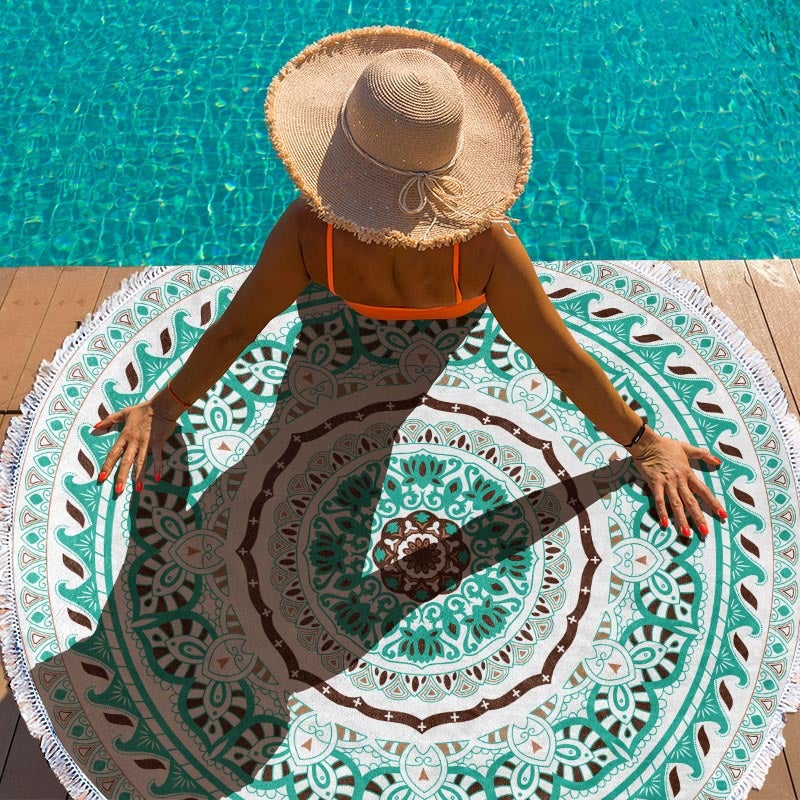 Microfiber Round Fringed Beach Towel 150x150cm Quick Dry - Image 1