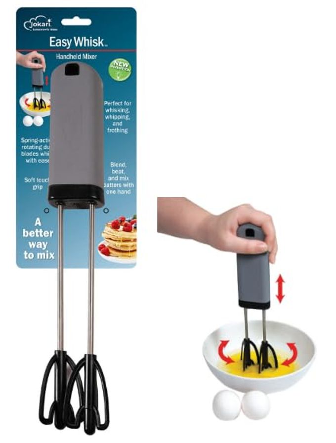 EASY WHISK ONEHANDED MIXER FOR SIMPLE WHISKING FOR COOKS OF ANY AGE PRESS AND BEAT TECHNOLOGY WITH DUAL BEATERS TO MIX STIR AND BLEND INGREDIENTS QUICKLY GREAT FOR KIDS ADULTS AND SENIORS