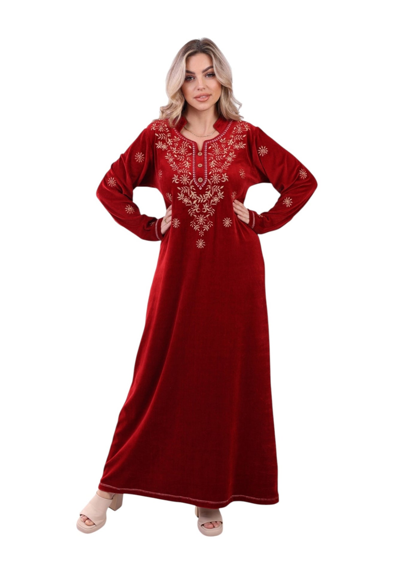 Women's Embroidered Cotton Long Sleeve Nightgown - Red