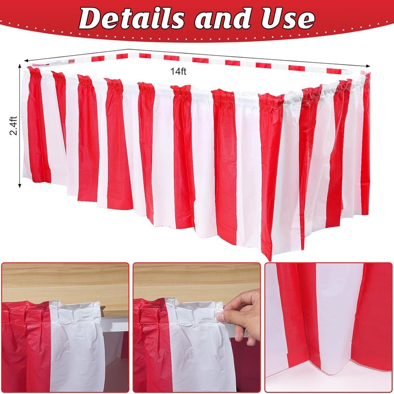 Pascliyna 1 Pack Carnival Table Skirt Party Decorations, Red and White Striped Table Skirts, Disposable Table Decorations for Concession Stand Carnival Circus Themed Party Supplies Decorations, 2.4 x 14 Ft - Image 2