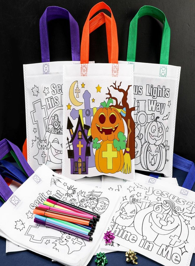 HOWAF 12pcs DIY Trick or Treat Bags, Color Your Own Halloween Bags Christian Halloween Coloring Goodie Bag with Pens for Kids, Jesus Pumpkins Religious Hallow Eve's Coloring Tote Bag to Decor - Image 4