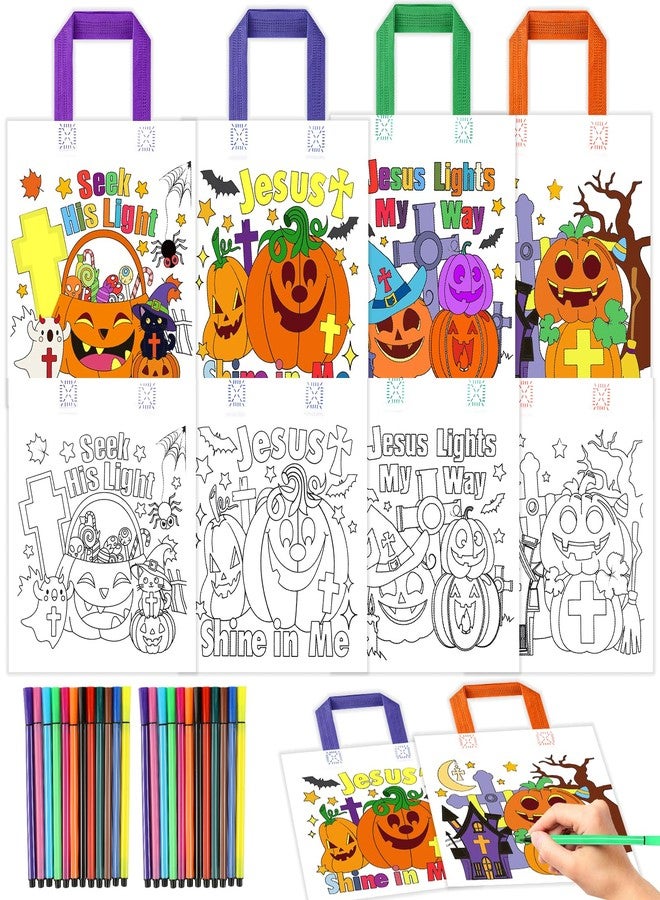 HOWAF 12pcs DIY Trick or Treat Bags, Color Your Own Halloween Bags Christian Halloween Coloring Goodie Bag with Pens for Kids, Jesus Pumpkins Religious Hallow Eve's Coloring Tote Bag to Decor - Image 1