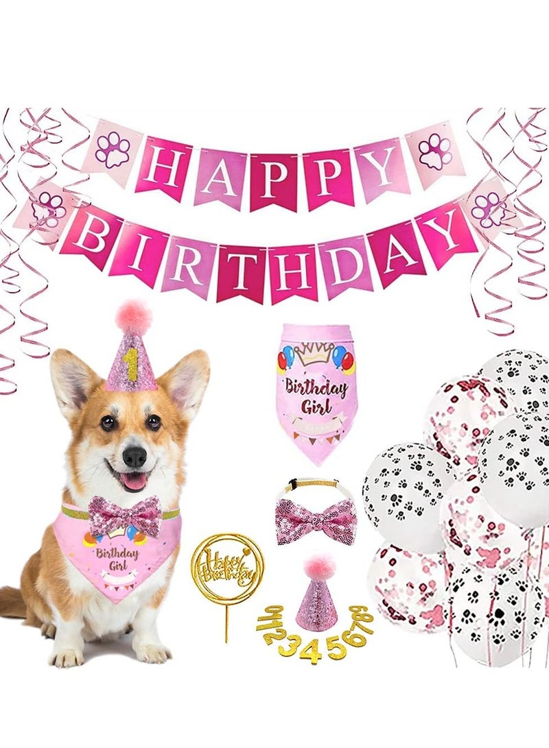KASTWAVE Dog Birthday Party Supplies Set, Happy Birthday Banner Balloons Hat Bandana Hanging Swirls Bow Tie Cake Topper for Small, Medium & Large Dogs (Pink) - Image 1