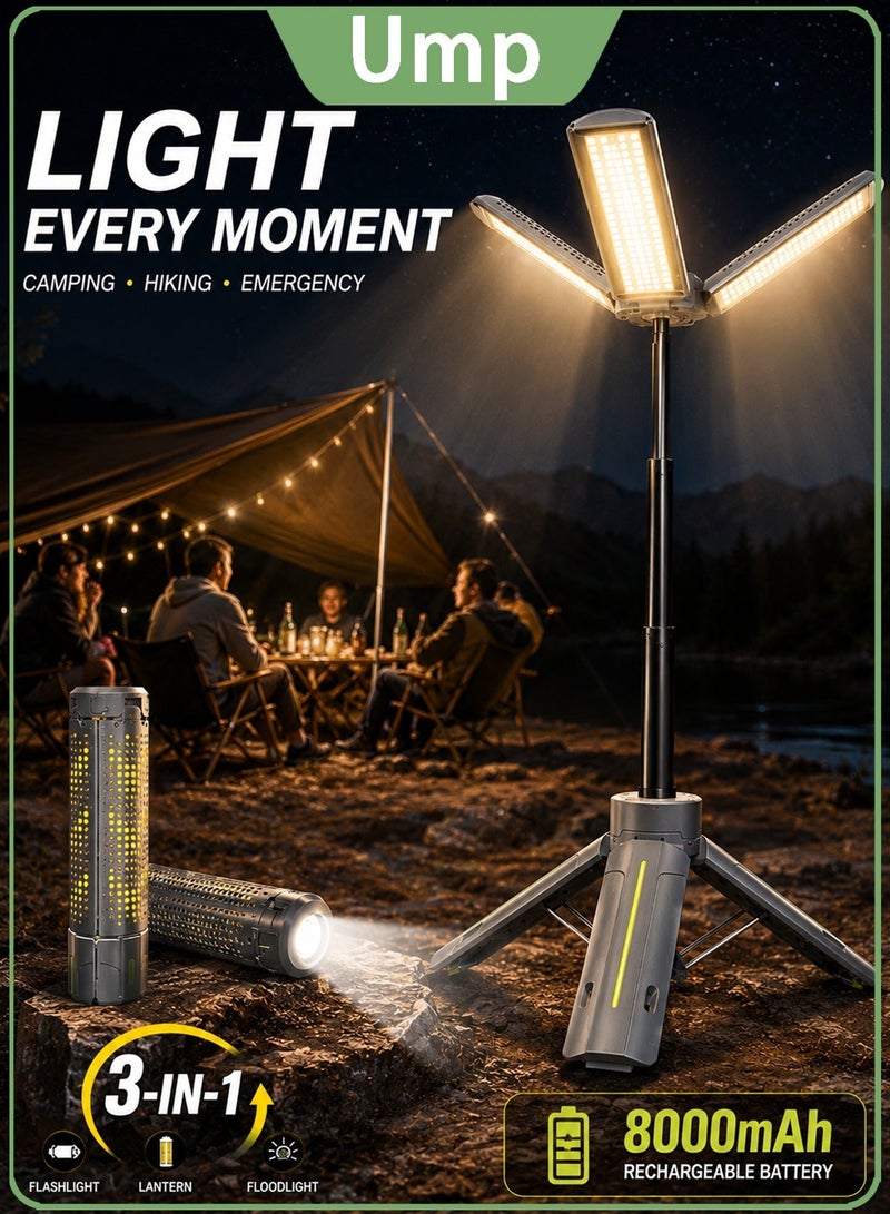 Ump Rechargeable LED Camping Light & Lantern, Foldable Portable Outdoor Flashlight, Emergency Light with 8000mAh Power Bank, 6 Lighting Modes, Dimmable Outdoor Lighting, Adjustable Tripod Stand, IP44 Waterproof, Camping Essentials for Camping, Hiking, Fishing & Travel - Image 1