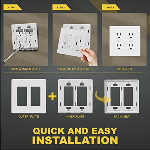 Faith 2-Gang Decorator Screwless Wall Plates Child Safe Outlet Covers, 4.68"H x 2.93" L, Fits GFCI, USB Receptacle, Dimmers, and Lighting Controls, ETL Listed, White, 10-Pack - Image 2