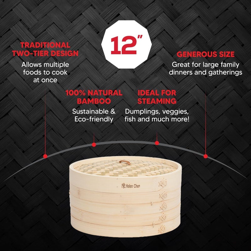 Helen's Asian Kitchen 12-Inch Bamboo Food Steamer with Lid - Image 3