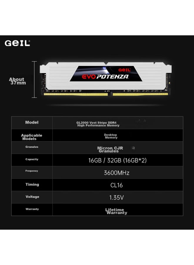 Geil 16gb Ddr4 3600 Desktop Computer Memory Module, Gl2000 Armor Series, Intel-specific, Black C16, Hynix Cjr Chips - Image 1