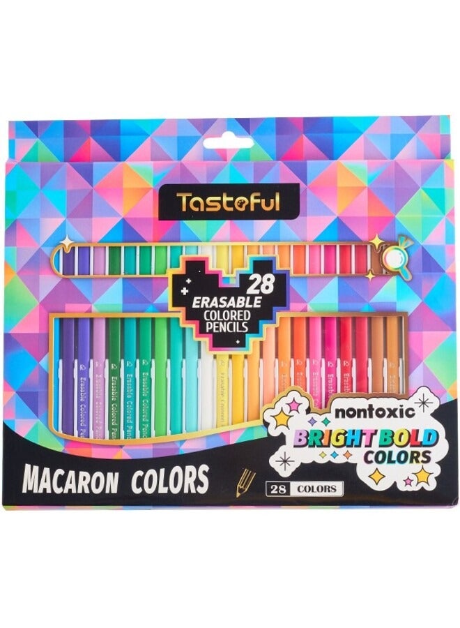 Tasteful Erasable Colored Pencils Set - Non-Toxic Macaron Bright Colors with Built-in Eraser, 3.0mm Core Art Supplies for Kids, Students & Designers - 28 Pieces - Image 1