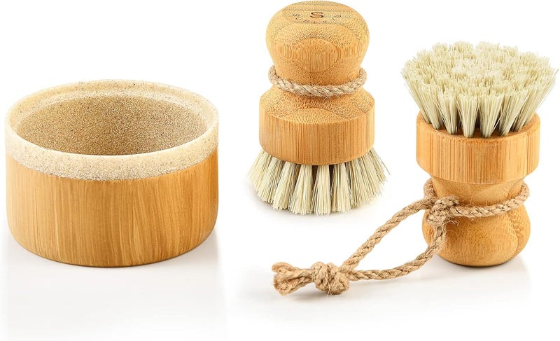 SUBEKYU Bubble Up Bamboo Dish Brush Set with Soap Holder, Wooden Dish Scrubber with Soap Dispenser, Natural Kitchen Scrub Brush, Washing Pot/Pans/Cast Iron, 2 Pack, Sisal Bristles - Image 1