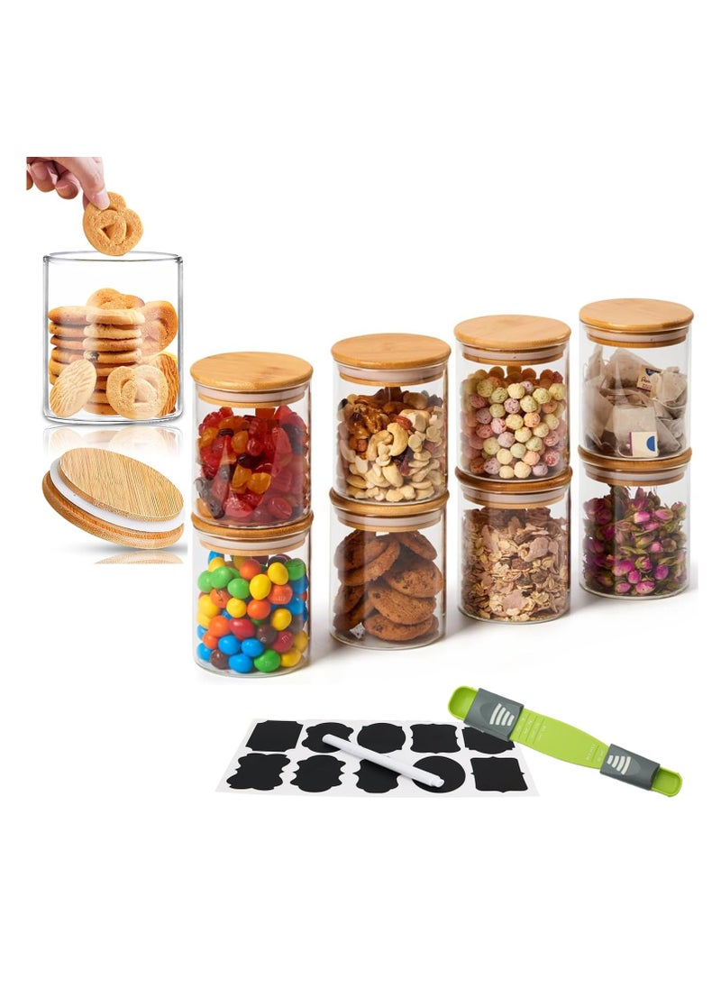 TYCOM Glass Jars Set 8cm*10cm (8 Packs), Food Storage Containers for Kitchen, Spice jars With Labels, Marker and spoons, Wood Lid Round 8p.  - Image 1