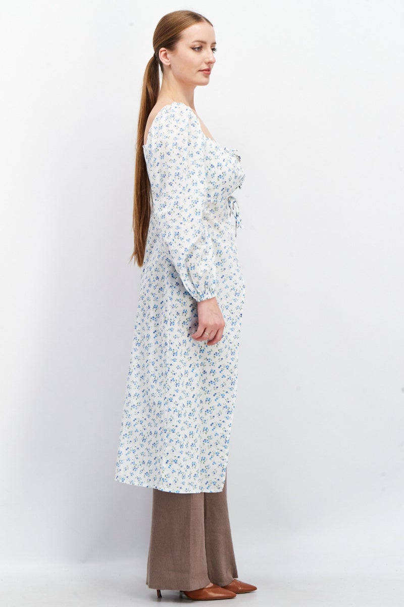 Fashion Union Women Tie Neck Balloon Sleeve Allover Print Maxi Blouse, White Combo - Image 3