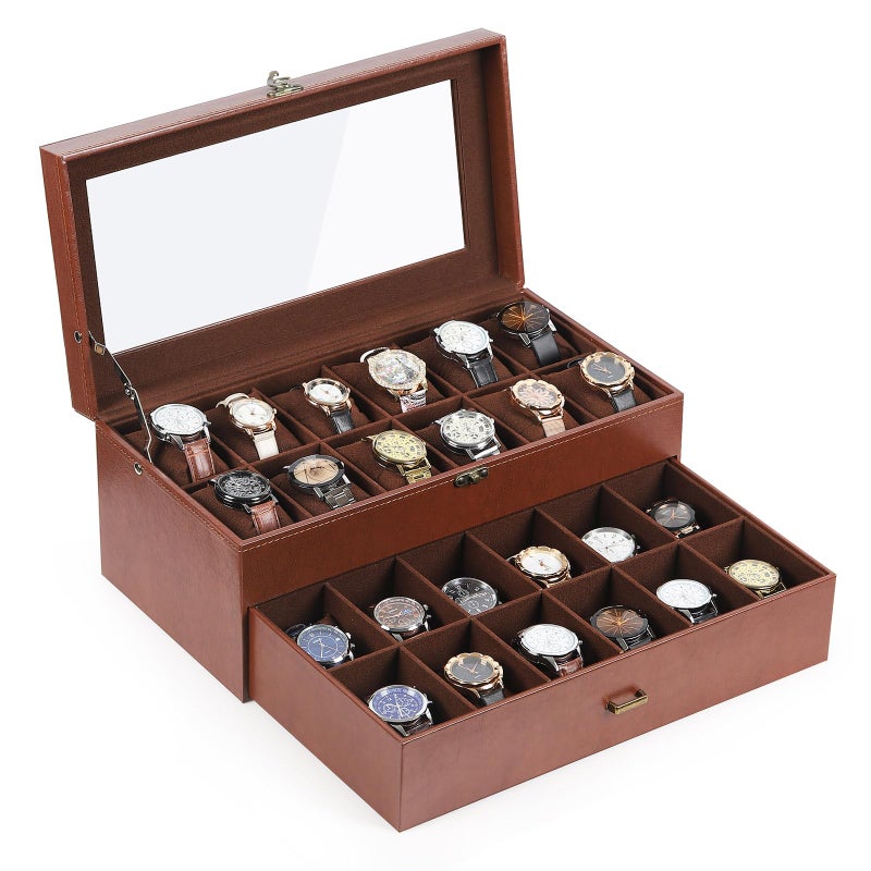 AUTOARK Leather & Velvet 24 Watch Box Glass Top Jewelry Display Drawer Lockable Case Organizer,Removable Watch Pillows,Coffee,MKAW033 - Image 1