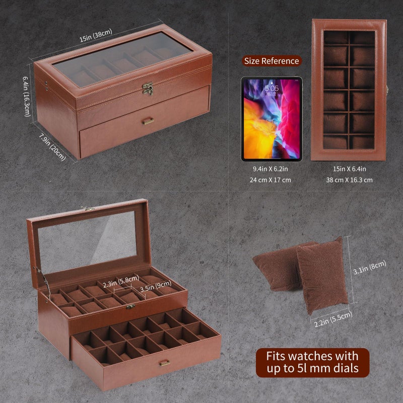 AUTOARK Leather & Velvet 24 Watch Box Glass Top Jewelry Display Drawer Lockable Case Organizer,Removable Watch Pillows,Coffee,MKAW033 - Image 2