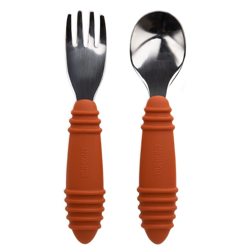 Bumkins Toddler Utensils, Kids Size Fork and Spoon Set, Silicone and Stainless-Steel Training Silverware, Angled Forks/Sporks for Self-Feeding, Children Hold Learning to Eat, 18 Months Up, Clay - Image 1