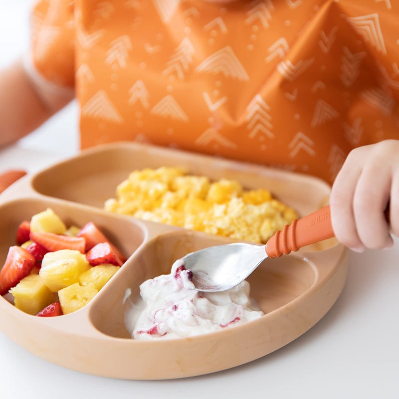 Bumkins Toddler Utensils, Kids Size Fork and Spoon Set, Silicone and Stainless-Steel Training Silverware, Angled Forks/Sporks for Self-Feeding, Children Hold Learning to Eat, 18 Months Up, Clay - Image 4