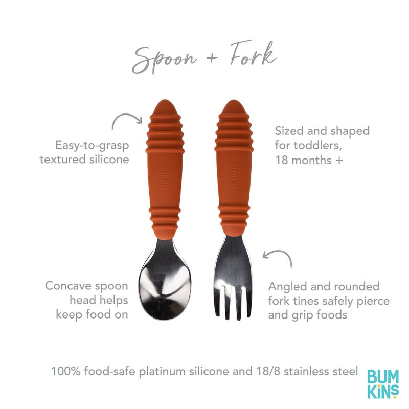 Bumkins Toddler Utensils, Kids Size Fork and Spoon Set, Silicone and Stainless-Steel Training Silverware, Angled Forks/Sporks for Self-Feeding, Children Hold Learning to Eat, 18 Months Up, Clay - Image 3