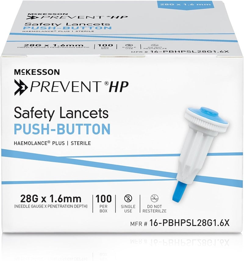 McKesson مكيسون بريفيت HP إبر أمان معقمة زر دفع 28G × 16 مم عمق 100 عد  إبر اختبار سكر الدم ذاتية التراجع للاستخدام الفردي زرقاء - Image 2