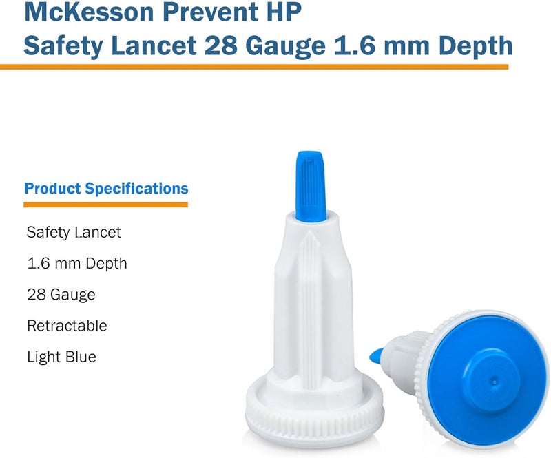 McKesson مكيسون بريفيت HP إبر أمان معقمة زر دفع 28G × 16 مم عمق 100 عد  إبر اختبار سكر الدم ذاتية التراجع للاستخدام الفردي زرقاء - Image 5