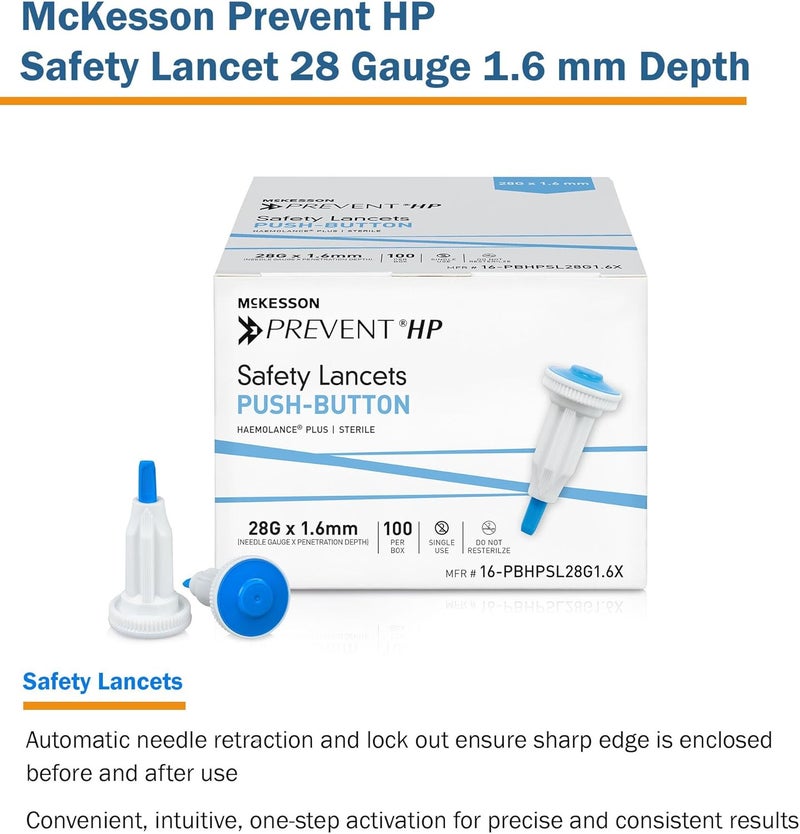 McKesson مكيسون بريفيت HP إبر أمان معقمة زر دفع 28G × 16 مم عمق 100 عد  إبر اختبار سكر الدم ذاتية التراجع للاستخدام الفردي زرقاء - Image 3