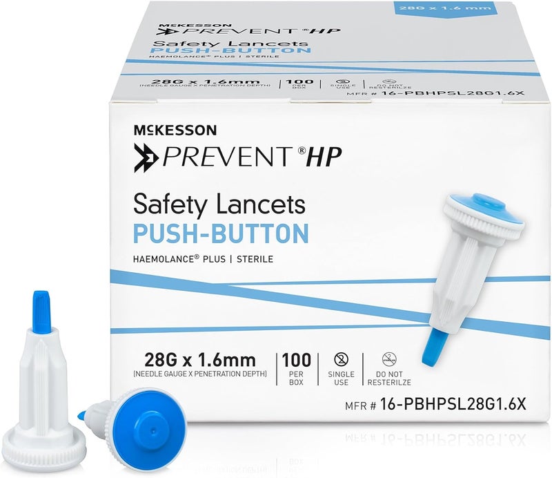 McKesson مكيسون بريفيت HP إبر أمان معقمة زر دفع 28G × 16 مم عمق 100 عد  إبر اختبار سكر الدم ذاتية التراجع للاستخدام الفردي زرقاء - Image 1