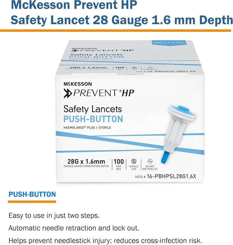 McKesson مكيسون بريفيت HP إبر أمان معقمة زر دفع 28G × 16 مم عمق 100 عد  إبر اختبار سكر الدم ذاتية التراجع للاستخدام الفردي زرقاء - Image 4