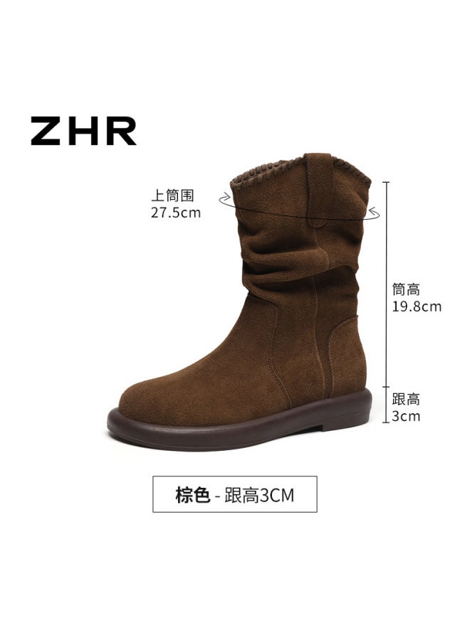 Zhr Zezeme Maillard Western Boots  Autumn Winter New Retro Suede Flat Ankle Boots Wasteland Style Stacked Boots