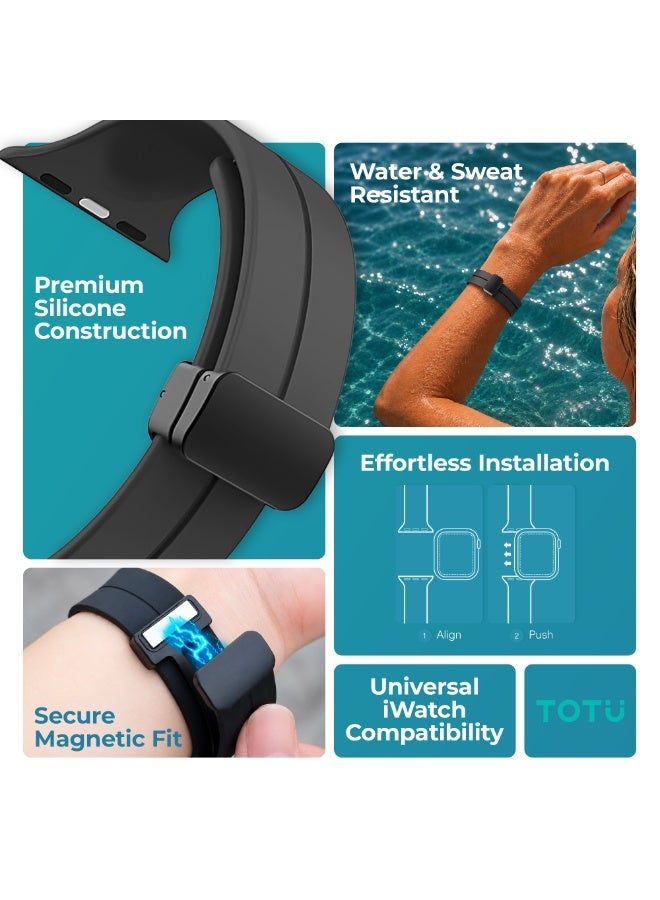 Totu Silicone Magnetic Watch Band Compatible with Apple Watch 49mm 45mm 44mm 42mm 41mm 40mm 38mm, Waterproof Sport Strap Replacement with Adjustable Clasp for iWatch Ultra/Series 9/8/7/6/5/4/3/2/1/SE - Black - Image 2