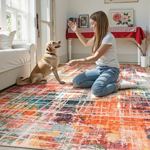 Beeiva Multi Color Washable Area Rugs 8x10, Colorful Abstract Non Slip Foldable Rug for Living Room, Modern Large Thin Low Pile Carpet for Office Playroom Bedroom - Multicolor - Image 2