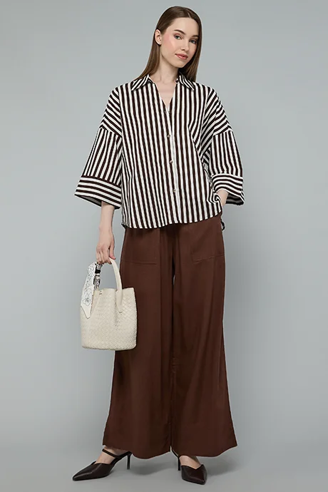 أر أند بي Striped Shirt with Spread Collar and 3/4 Sleeves
